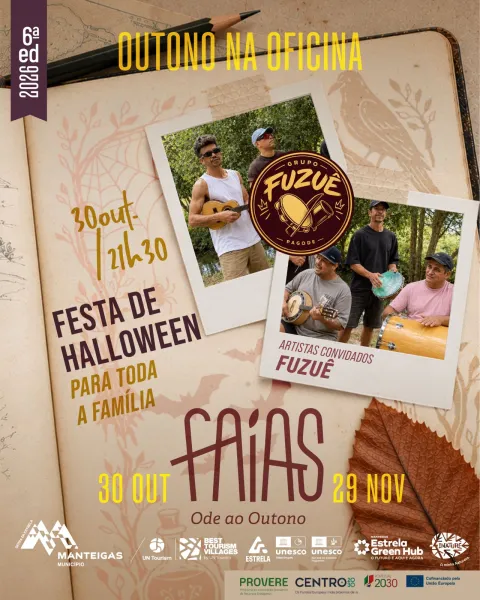 Cartaz da Festa de Halloween para toda a família, a 30 de outubro às 21h30, no Outono na Oficina, com o Grupo Fuzuê (pagode) como artistas convidados.