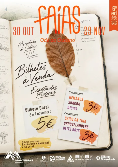 Cartaz dos bilhetes à venda para os espetáculos musicais do Mercadinho de Outono: bilhete geral para 6 e 7 de novembro, 5 €; 6 de novembro (Nemanus, Shakra, DJ Giga), 3 €; 7 de novembro (Chico da Tina, Groovelanders, Blitz Boys), 3 €. À venda no Balcão Único Municipal e no local.