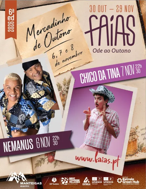 Cartaz do Mercadinho de Outono, 6, 7 e 8 de novembro, no Faias 2026: Nemanus a 6 de novembro às 22h30 e Chico da Tina a 7 de novembro às 22h30. www.faias.pt