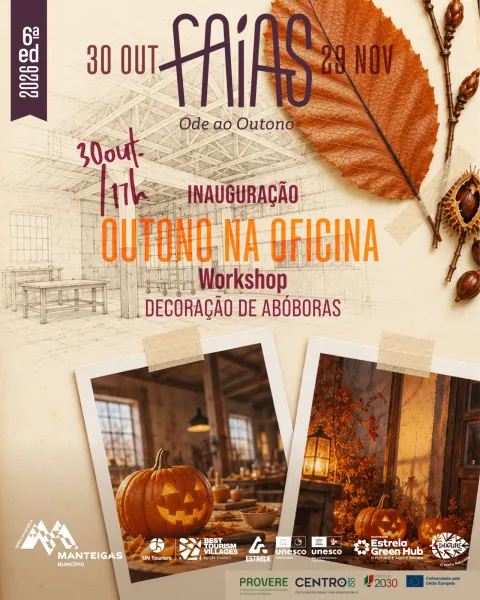 Cartaz da inauguração do Outono na Oficina, a 30 de outubro às 17h, na Oficina dos Direitos, com o workshop de decoração de abóboras. Faias 2026, de 30 de outubro a 29 de novembro.